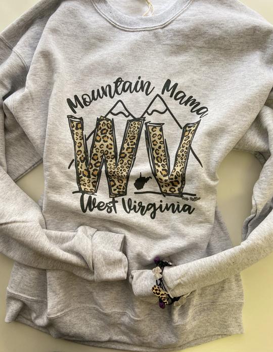 WV Mountain Mama Leopard Print Crew Neck Fleece or Short Sleeve Tee